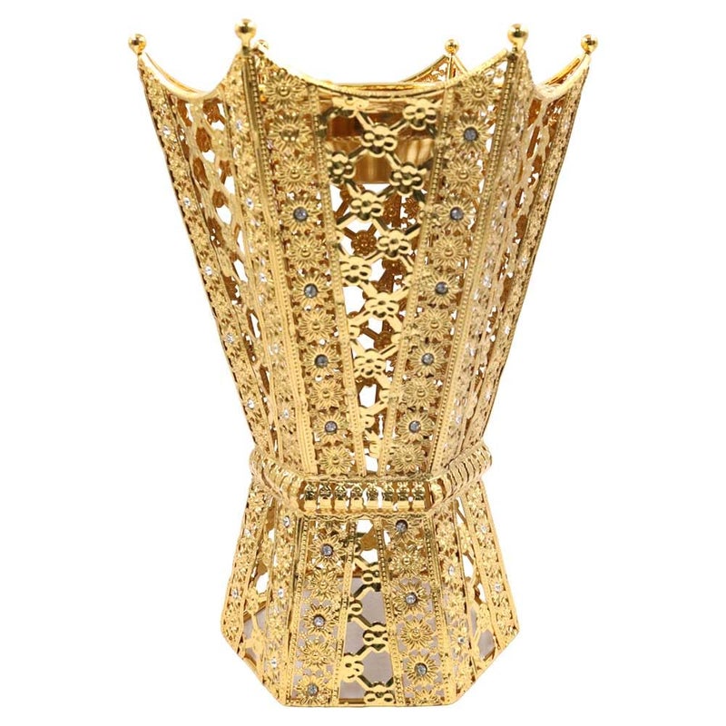 مبخرة فاخرة من المعدن مع لمسات كريستالية لتزيين المنزل العربي، استخدام آمن للعود والفحم، لون ذهبي